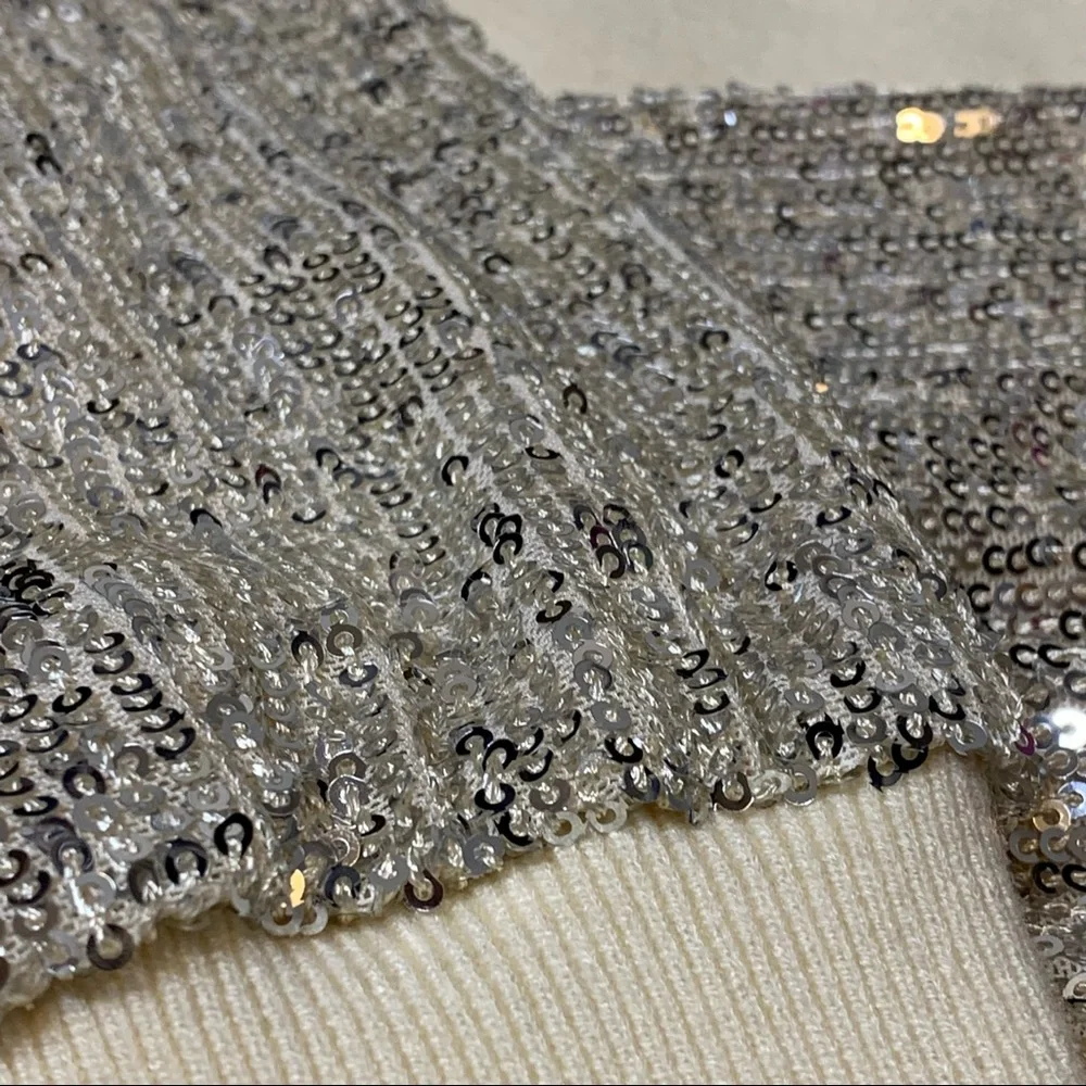LUSH Sequin Sleeve Sweater Silver Cream Coquette Comfy Cozy Winter Sparkly Small - Picture 14 of 15